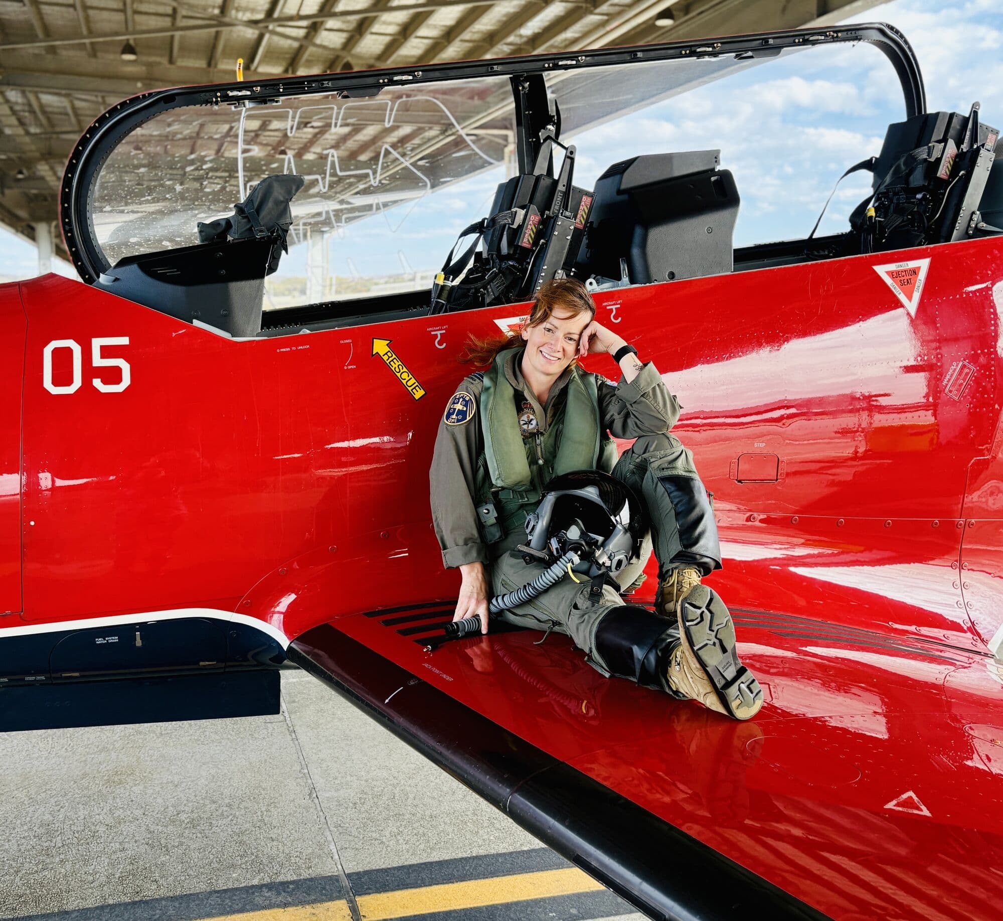 Belinda Beatty on the wing of a PC-21 trainer